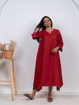 Linen Hand Embroidered Dress - Red