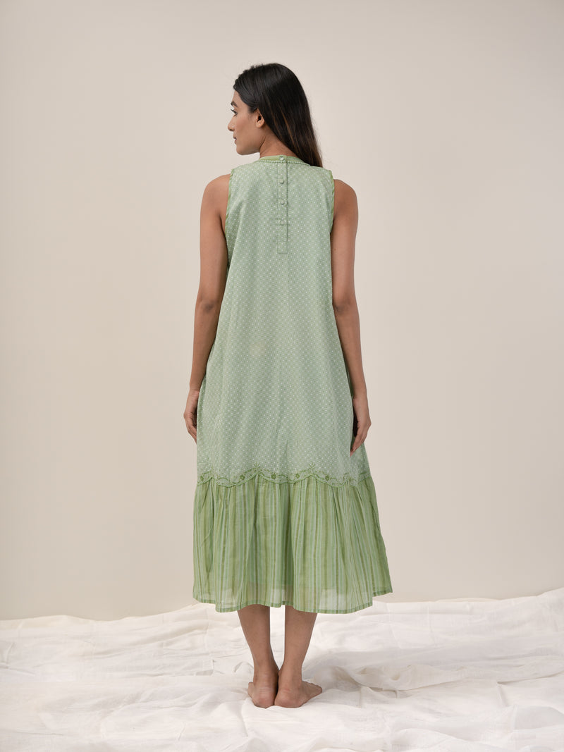 Cotton Hand Blocked Printed Dress - Light Green