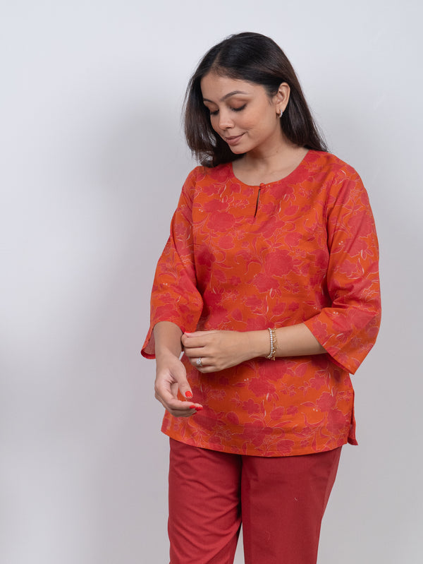 Cotton Screen Printed Short Kurti - Orange