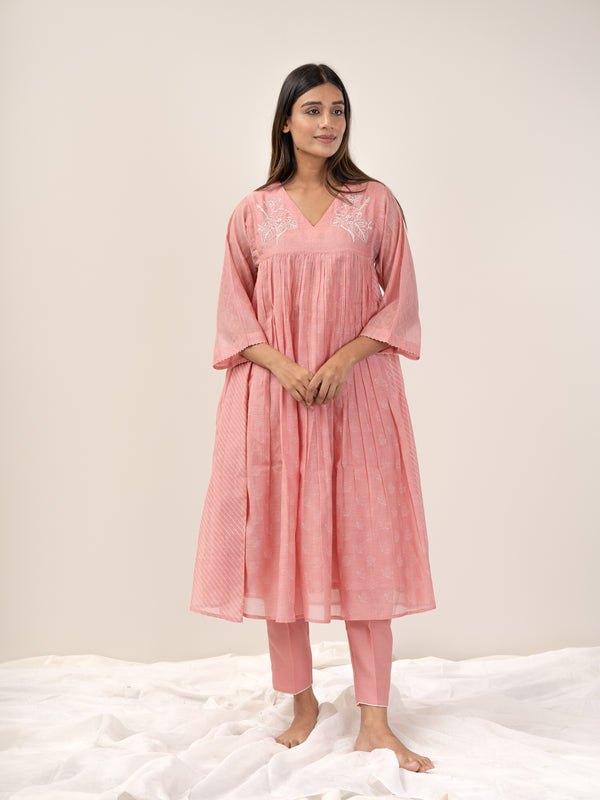 Chanderi V Neck Straight Kurta - Pink