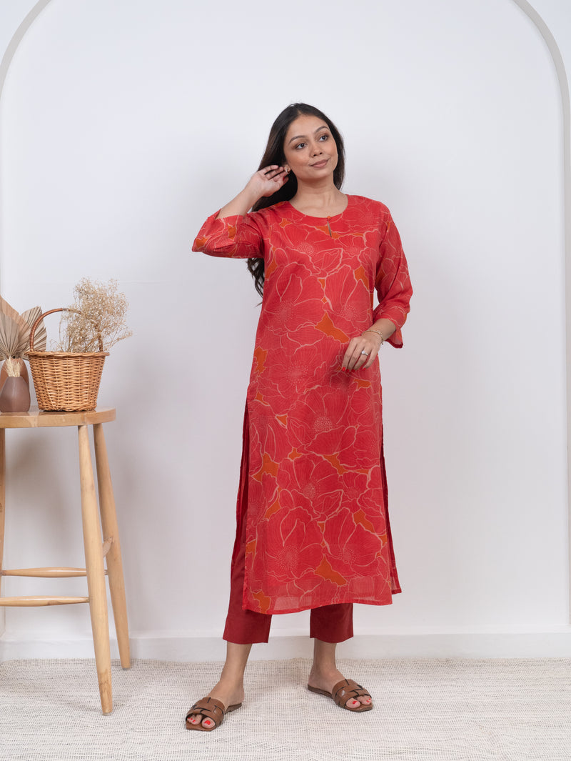 Cotton Screen Printed Kurta - Orange