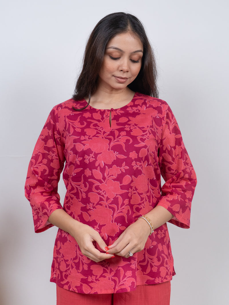 Cotton Screen Printed Short Kurti - Pink