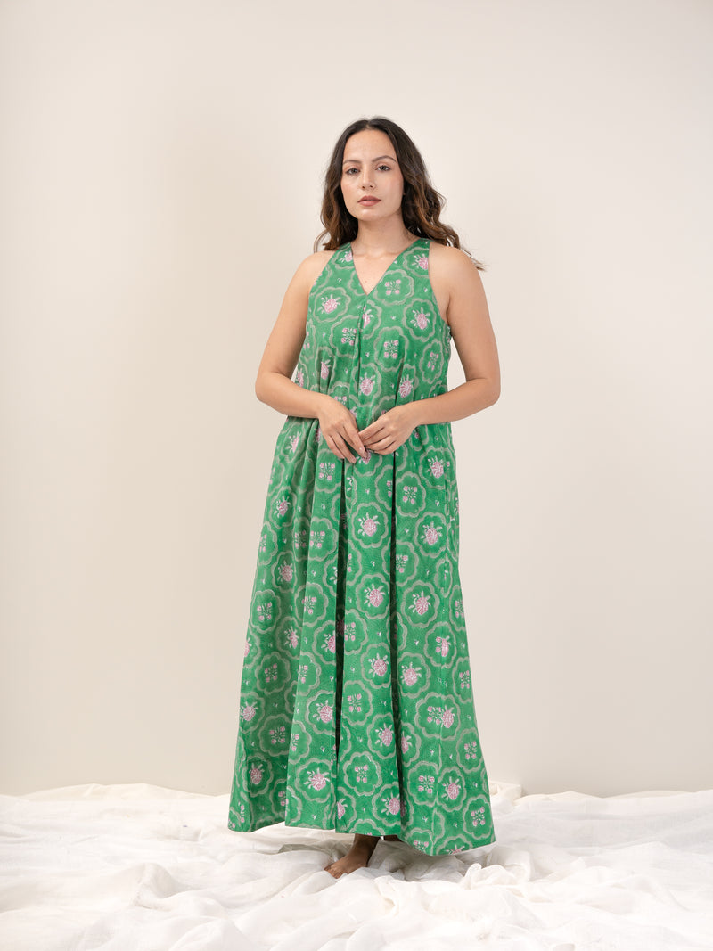 Cotton Hand Block Printed Dress - Green