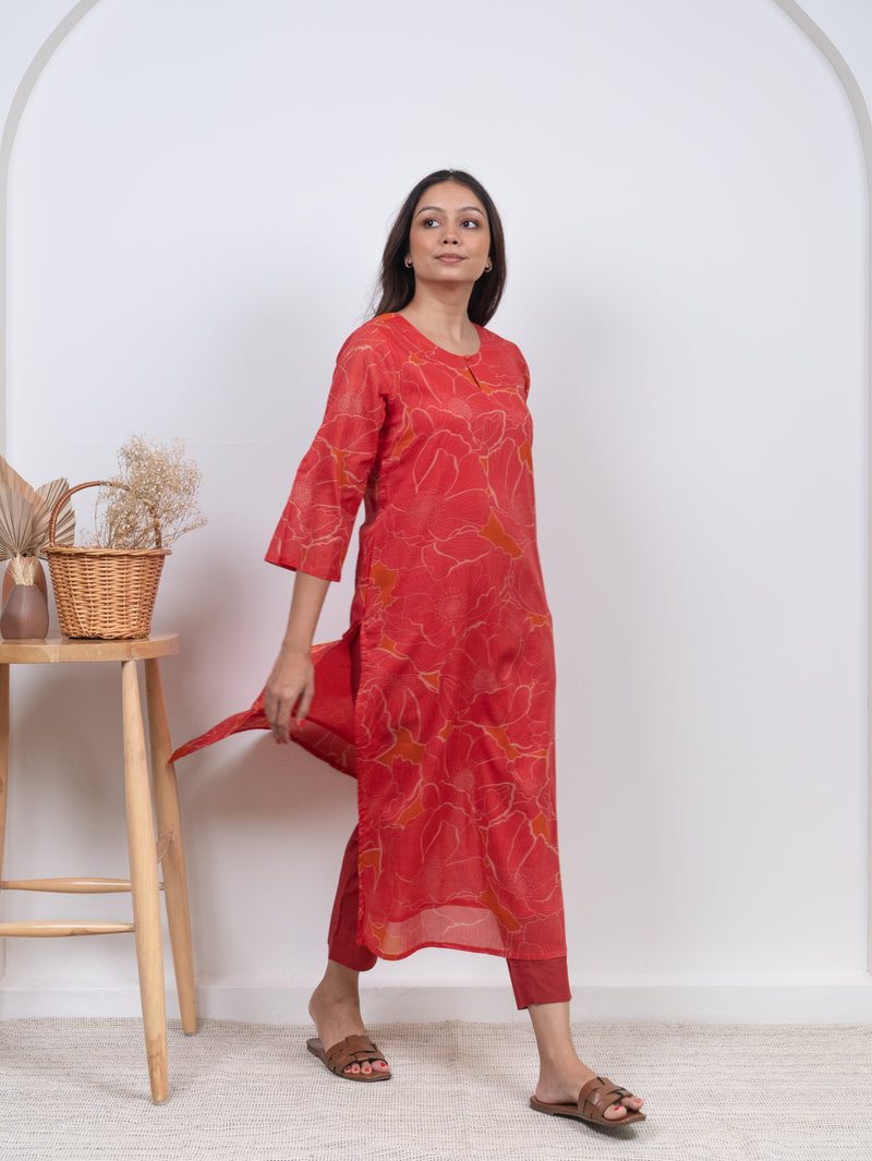 Cotton Screen Printed Kurta - Orange