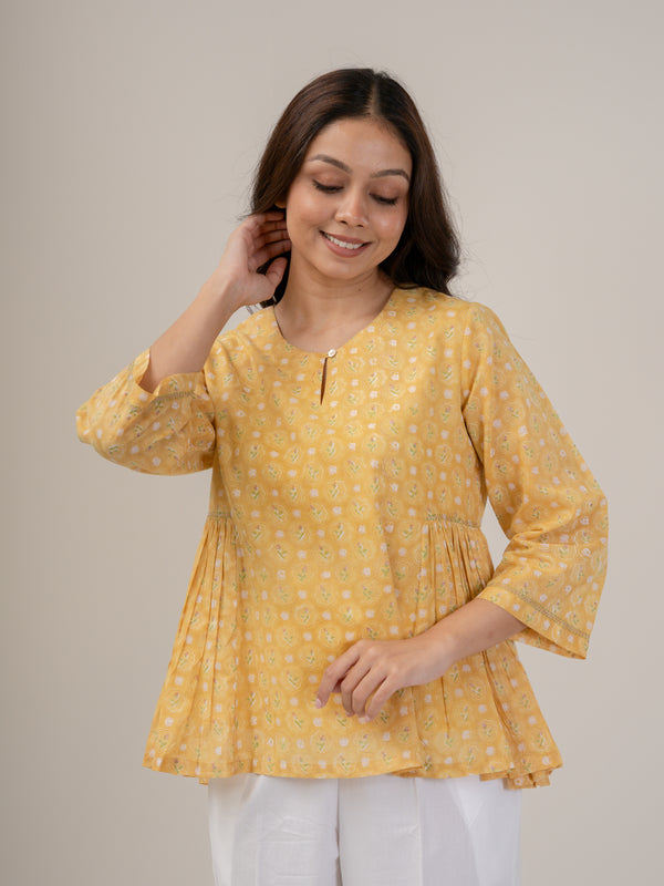 Cotton Hand Block Printed Top - Yellow