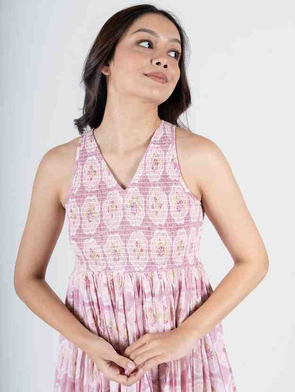 Cotton Hand Block Printed Dress - Pink