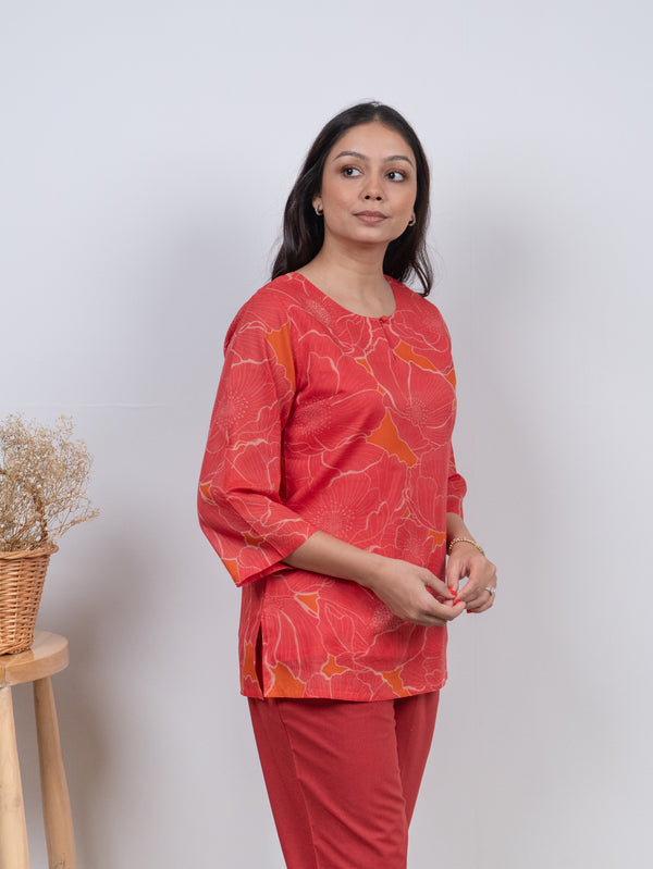 Cotton Screen Printed Short Kurti - Orange