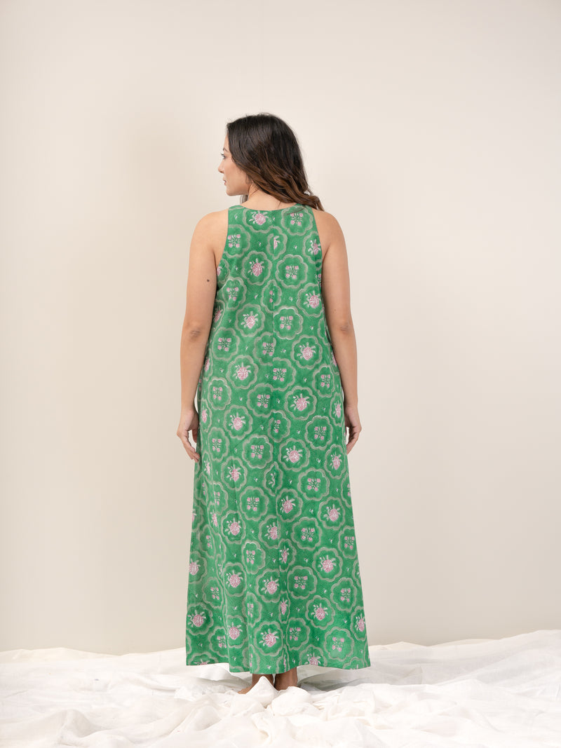 Cotton Hand Block Printed Dress - Green
