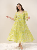 Cotton Hand Block Printed Dress - Green