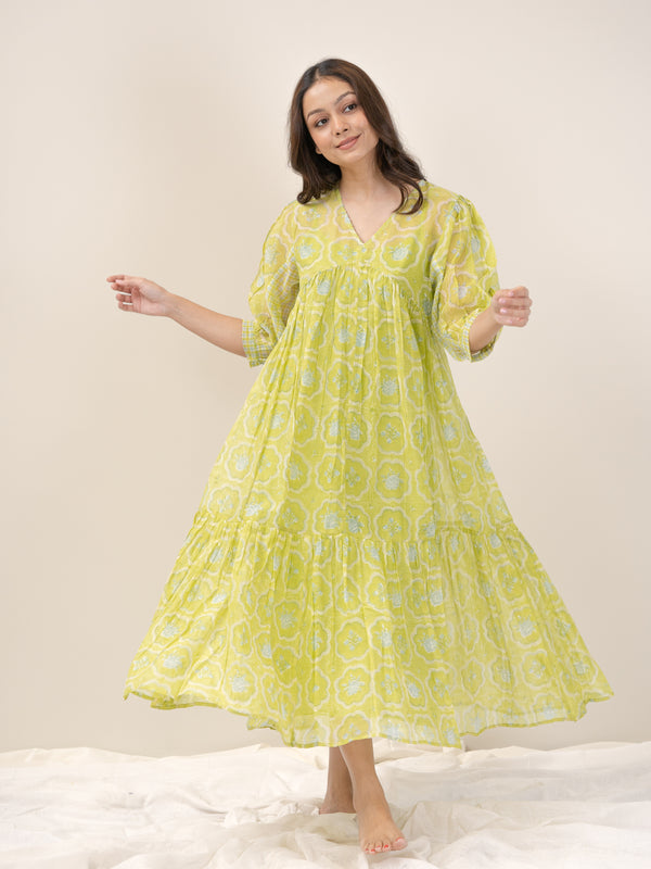 Cotton Hand Block Printed Dress - Green
