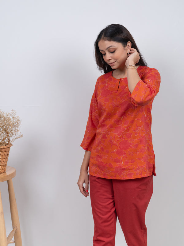 Cotton Screen Printed Short Kurti - Orange