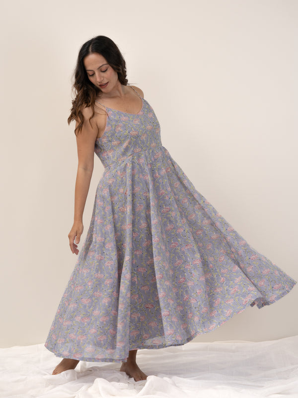Cotton Hand Block Printed Dress - Purple