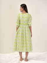 Cotton Hand Block Printed Dress - Green