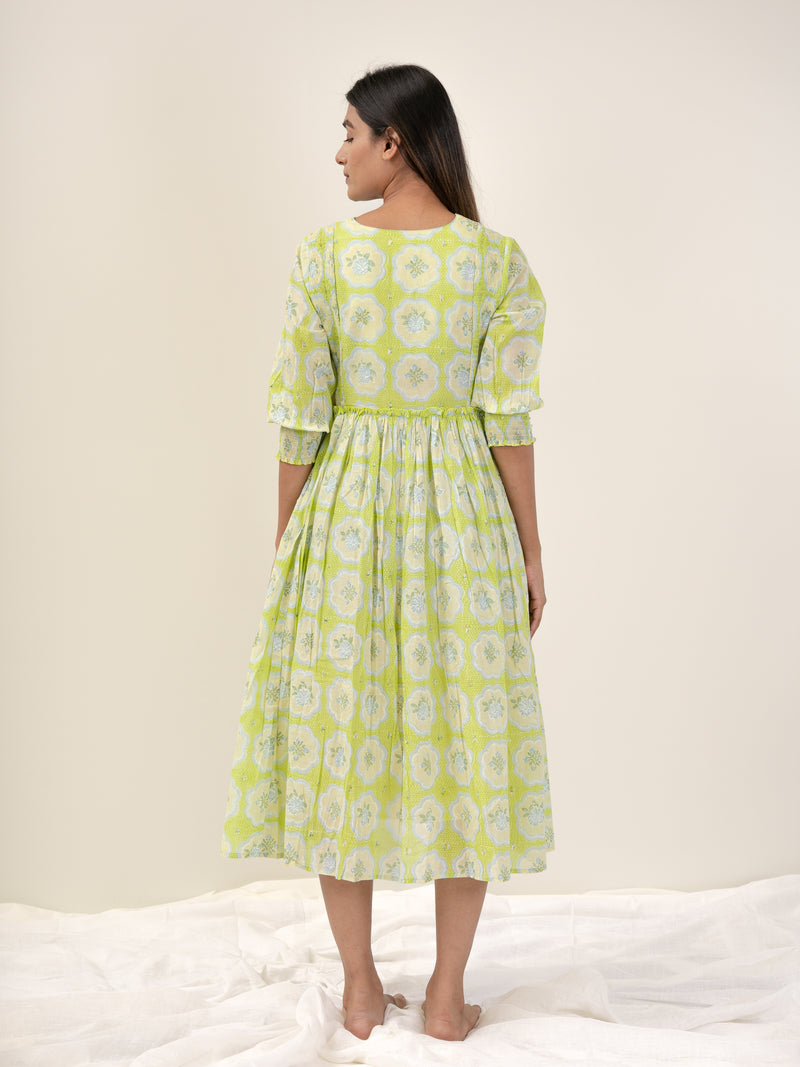 Cotton Hand Block Printed Dress - Green