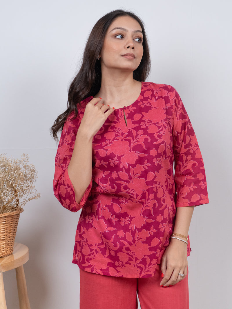 Cotton Screen Printed Short Kurti - Pink