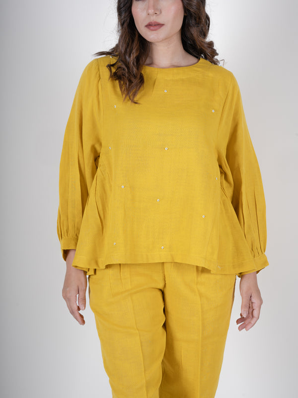 Cotton Co-ord Set with Pants and Round Neck Top- Yellow