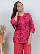 Cotton Screen Printed Short Kurti - Pink