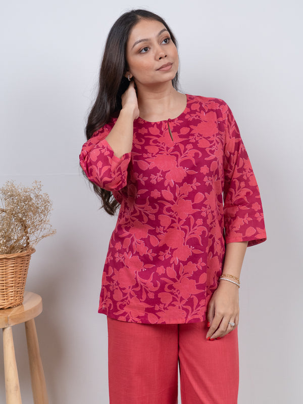 Cotton Screen Printed Short Kurti - Pink