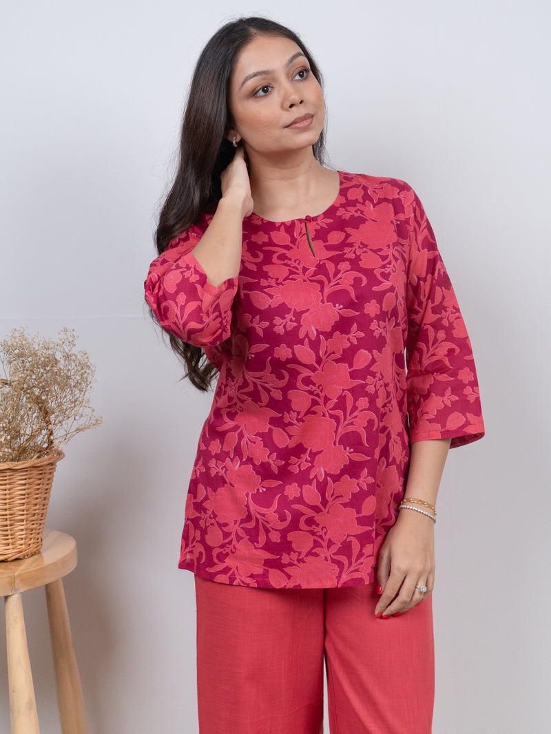 Cotton Screen Printed Short Kurti - Pink