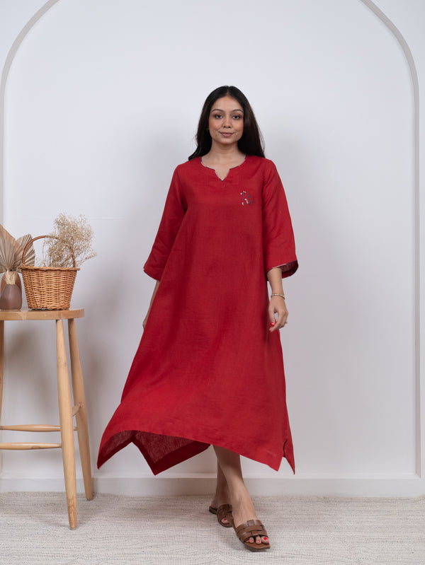 Linen Hand Embroidered Dress - Red