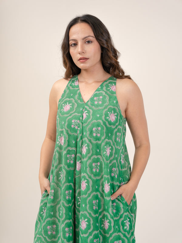 Cotton Hand Block Printed Dress - Green