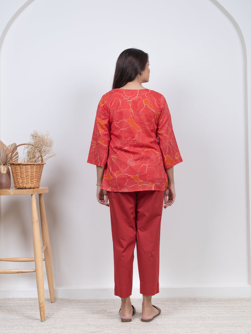 Cotton Screen Printed Short Kurti - Orange