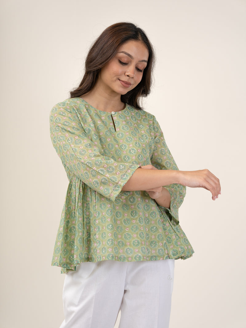 Cotton Hand Block Printed Top - Green