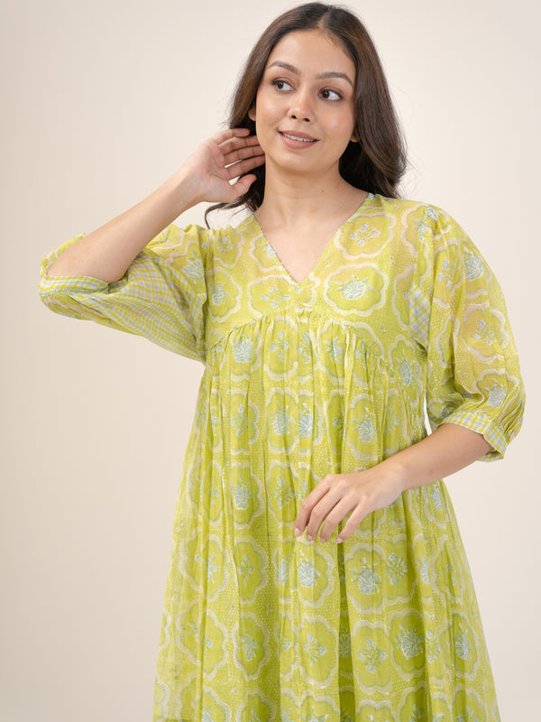Cotton Hand Block Printed Dress - Green
