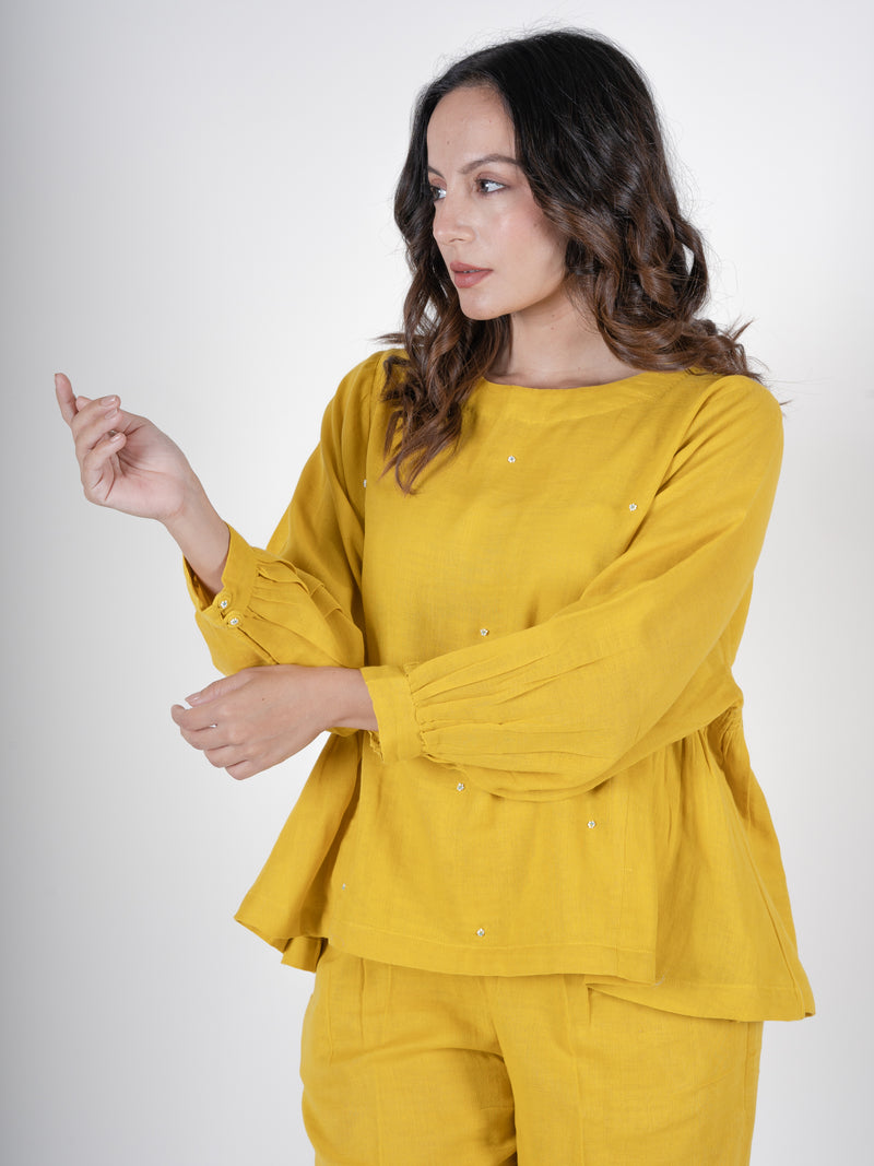 Cotton Co-ord Set with Pants and Round Neck Top- Yellow