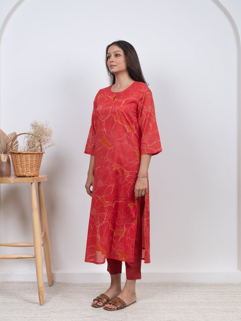 Cotton Screen Printed Kurta - Orange