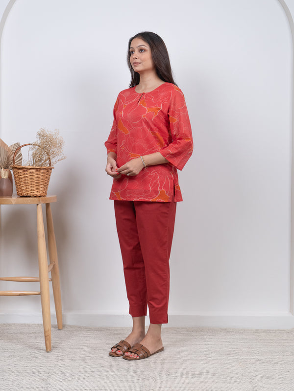 Cotton Screen Printed Short Kurti - Orange
