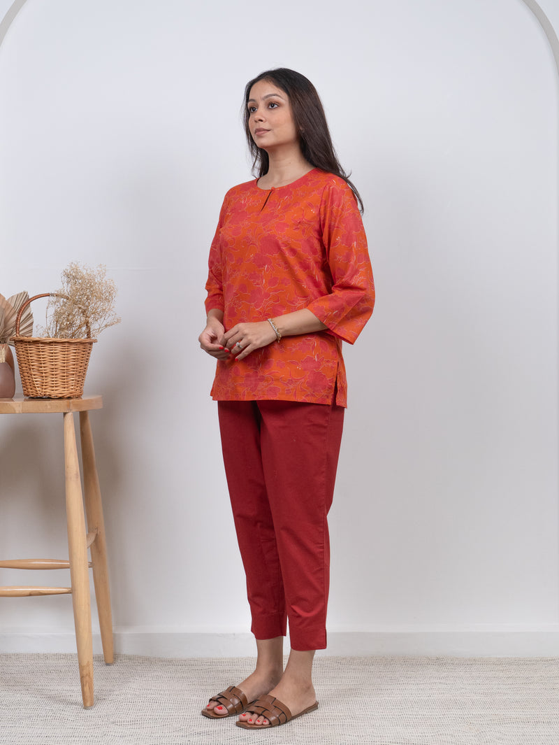 Cotton Screen Printed Short Kurti - Orange
