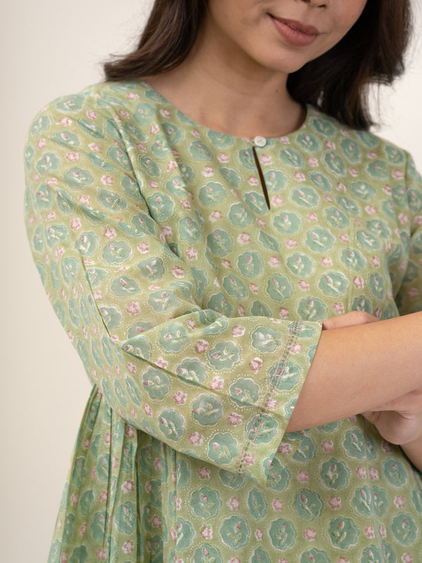 Cotton Hand Block Printed Top - Green