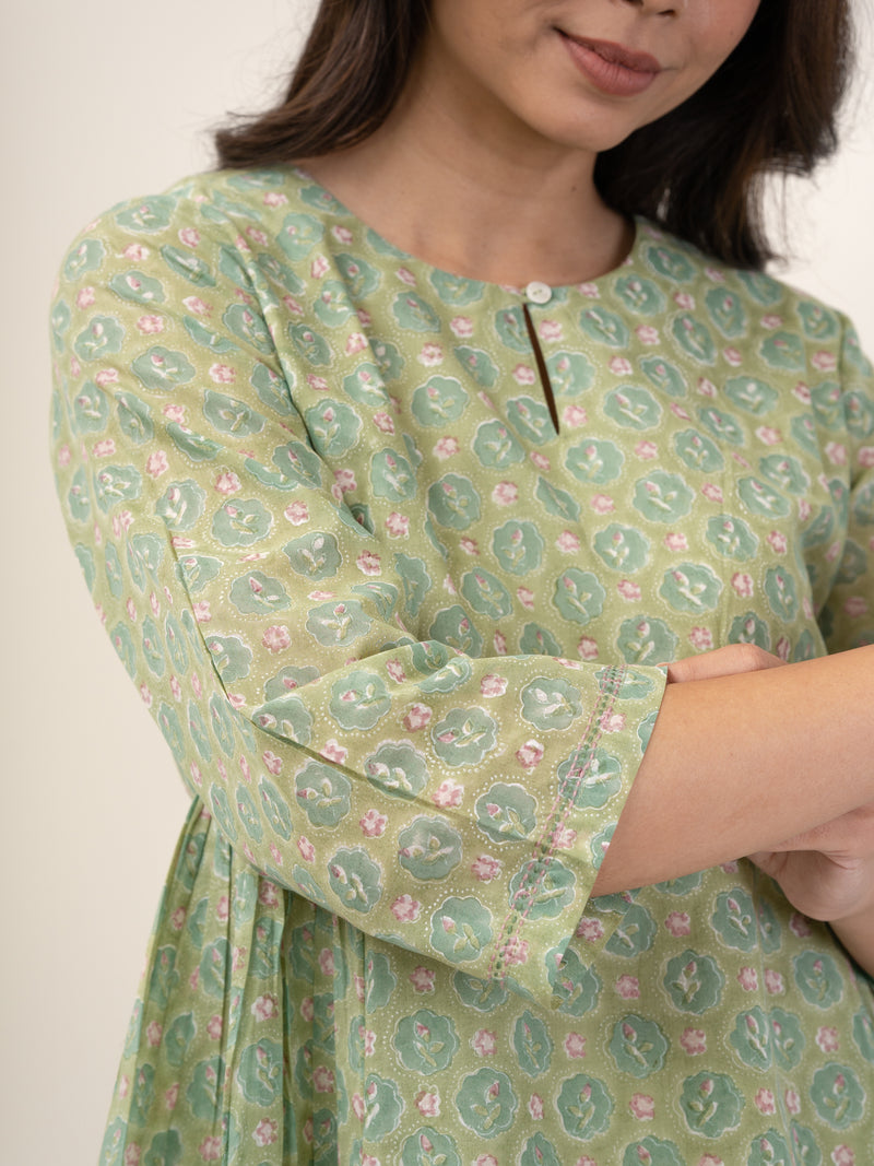 Cotton Hand Block Printed Top - Green
