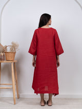 Linen Hand Embroidered Dress - Red