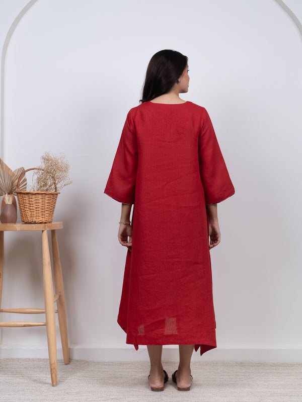 Linen Hand Embroidered Dress - Red