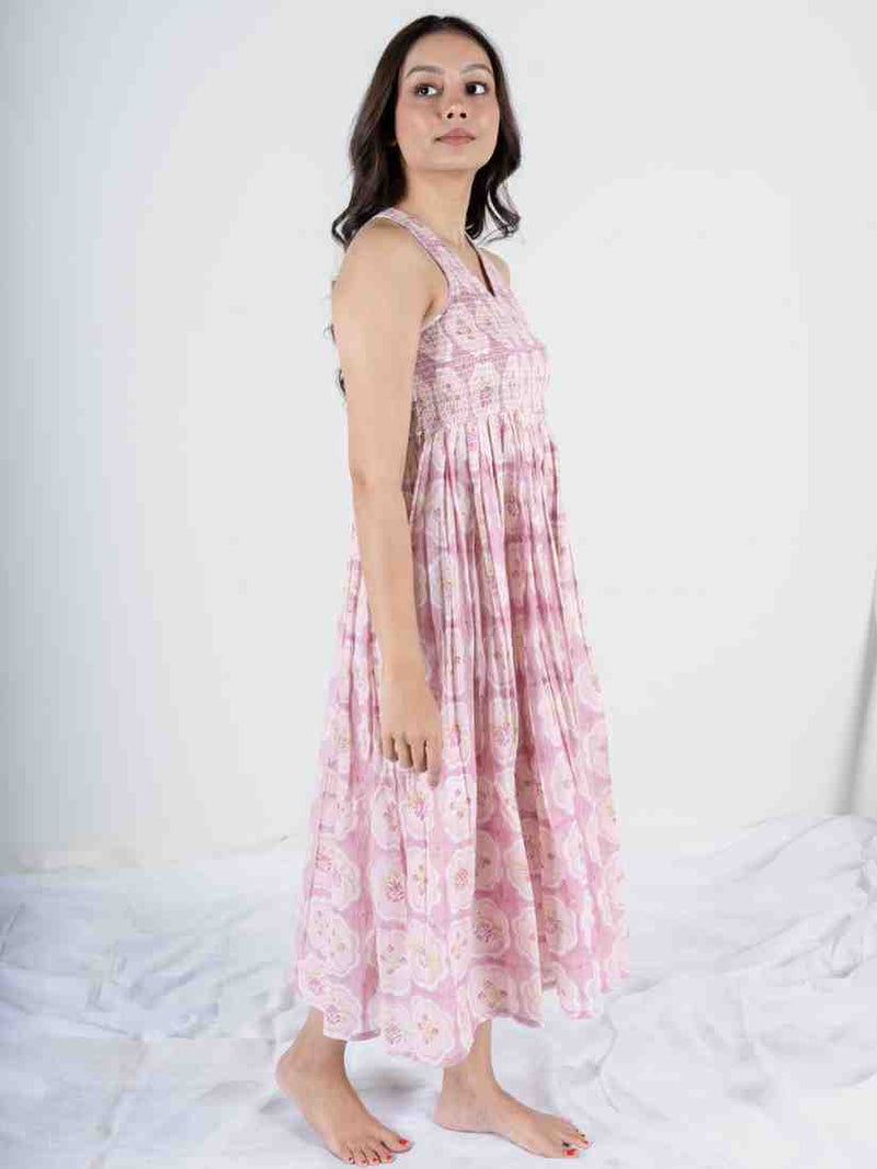 Cotton Hand Block Printed Dress - Pink