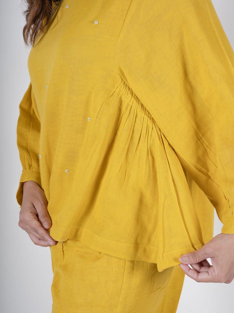 Cotton Co-ord Set with Pants and Round Neck Top- Yellow