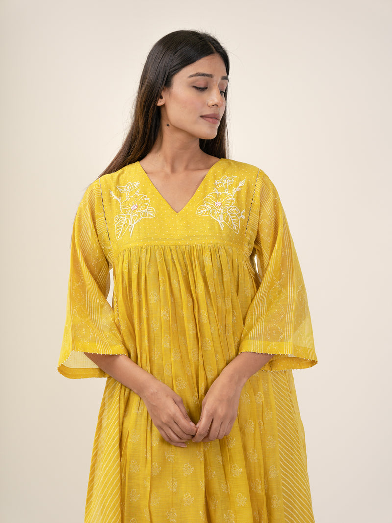 Chanderi V Neck Straight Kurta - Yellow