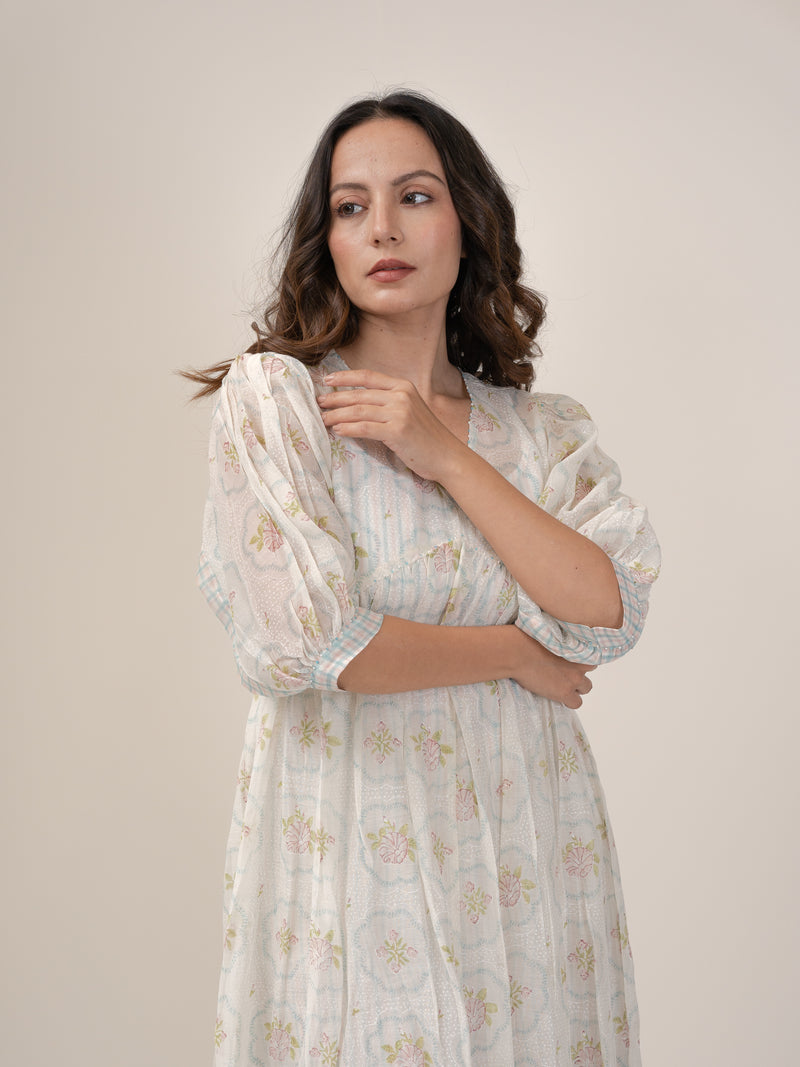 Cotton Hand Block Printed Dress - White