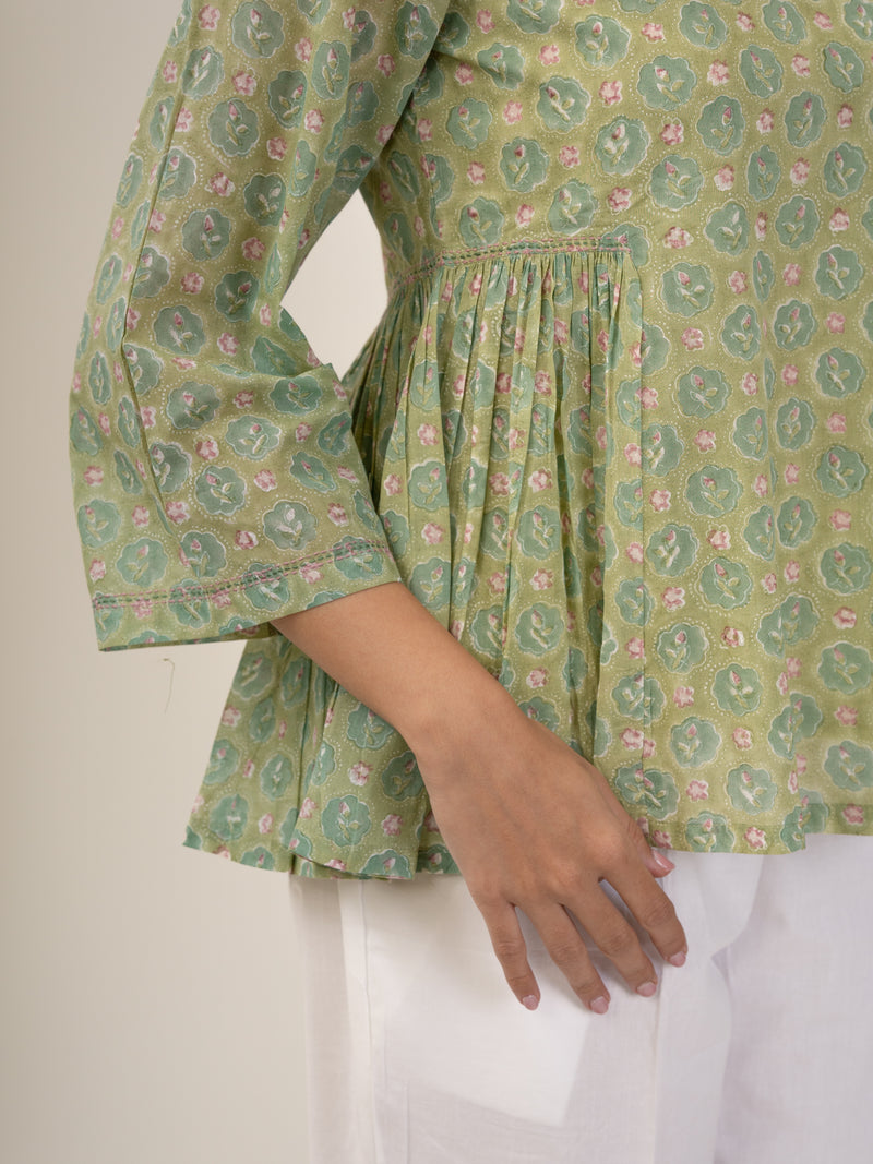 Cotton Hand Block Printed Top - Green