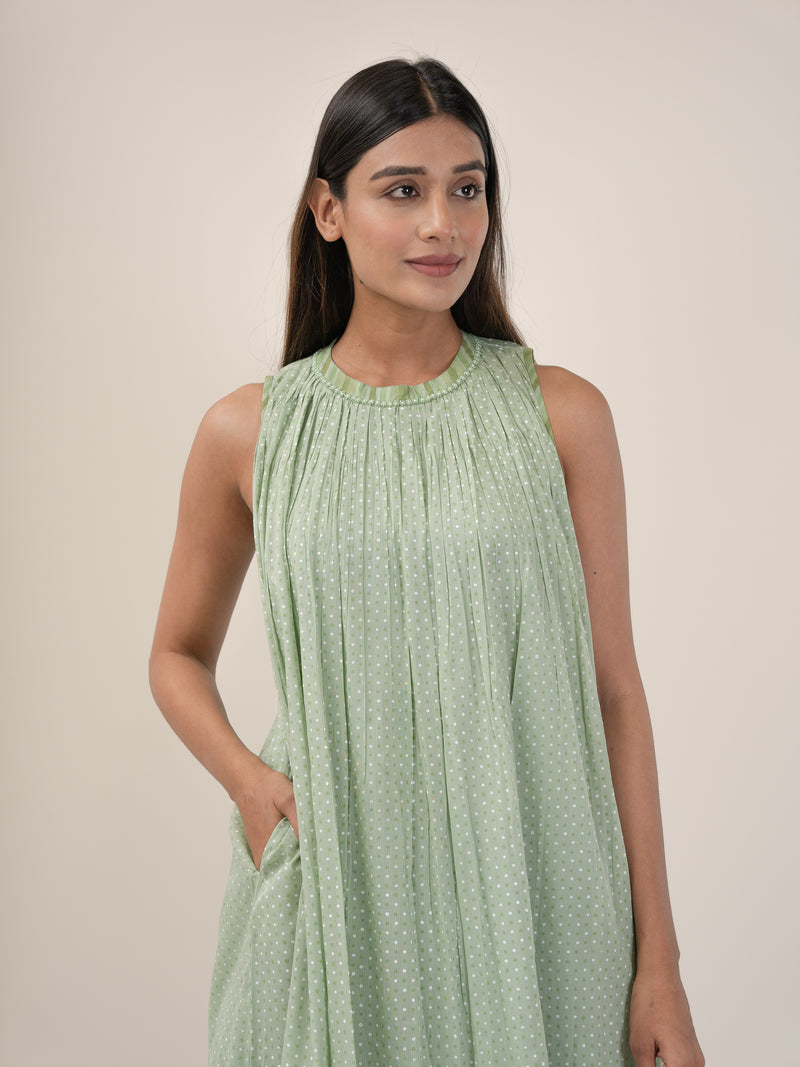 Cotton Hand Blocked Printed Dress - Light Green