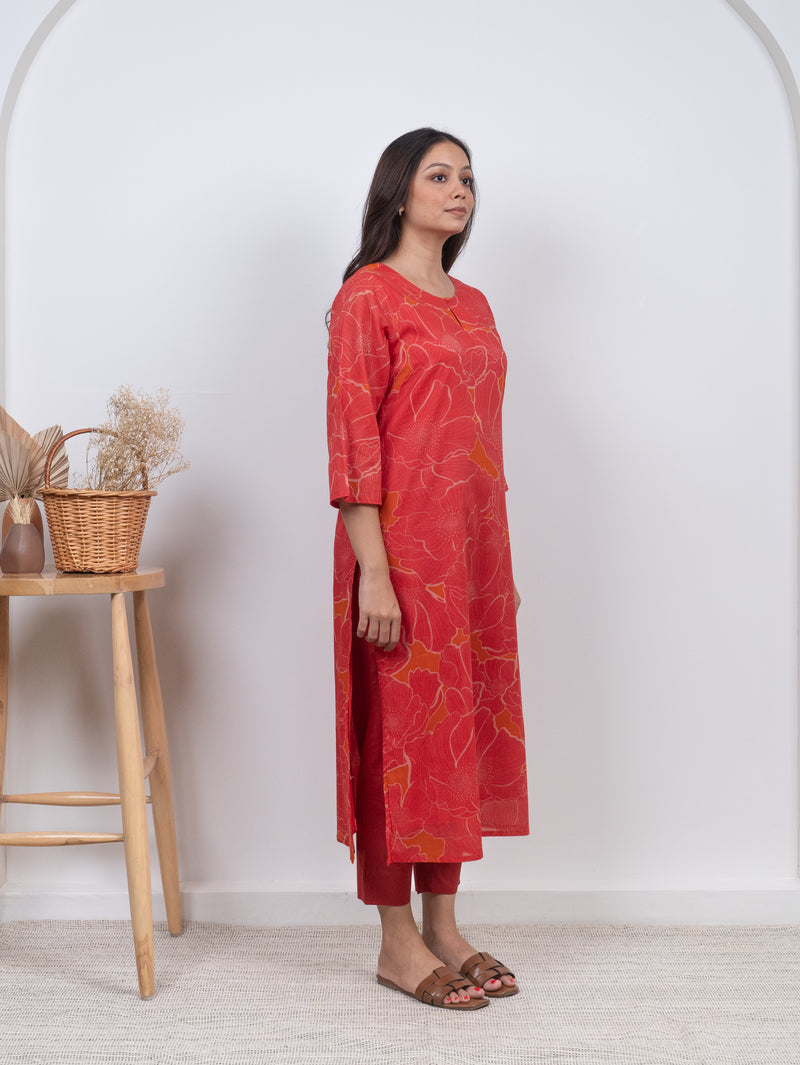 Cotton Screen Printed Kurta - Orange