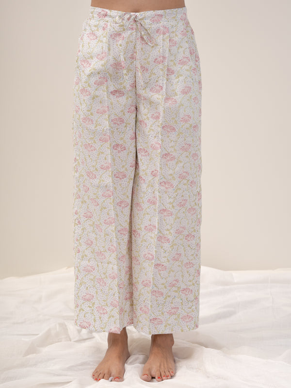 Cotton Hand Block Printed Palazzo - White