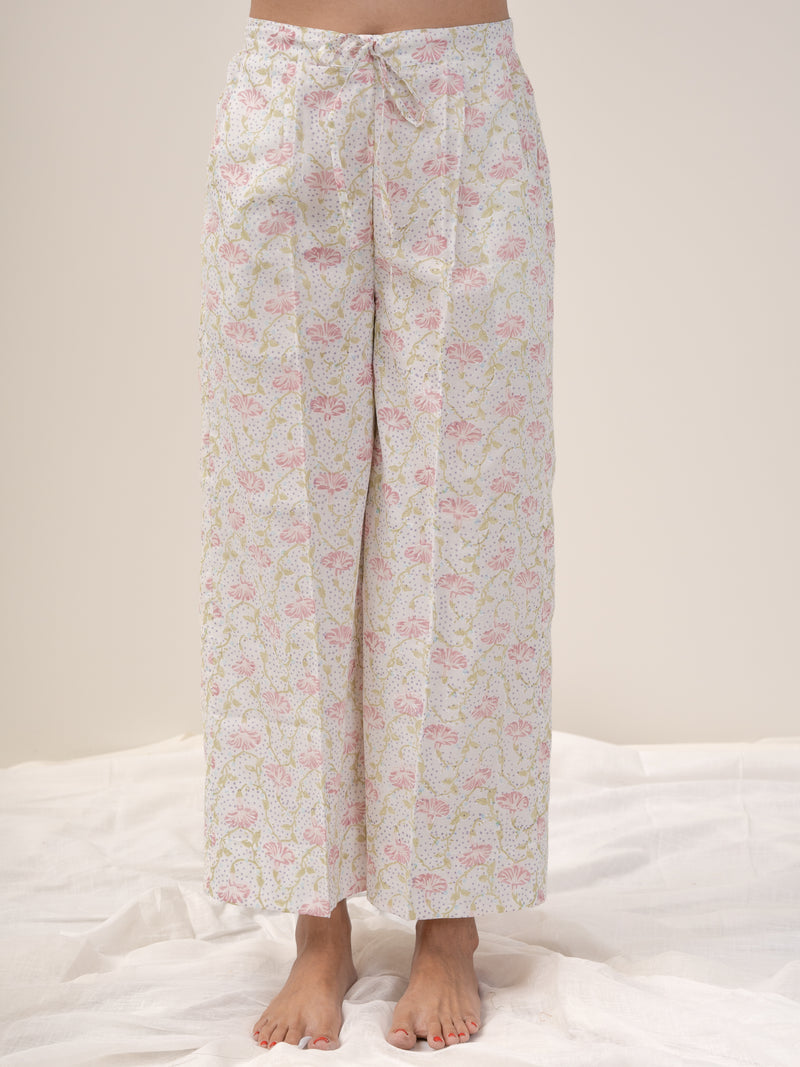 Cotton Hand Block Printed Palazzo - White