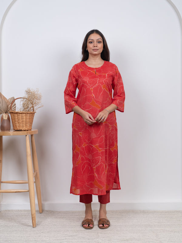Cotton Screen Printed Kurta - Orange