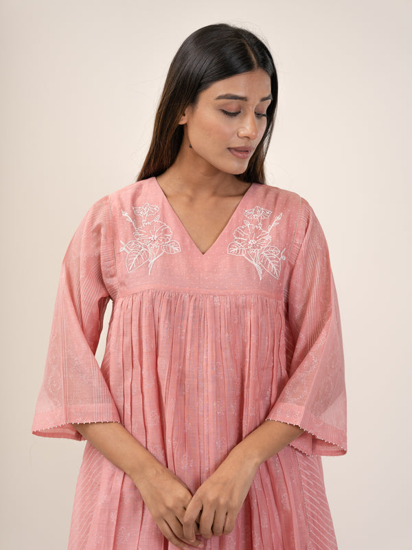 Chanderi V Neck Straight Kurta - Pink