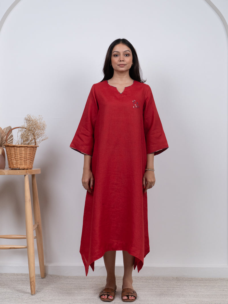 Linen Hand Embroidered Dress - Red