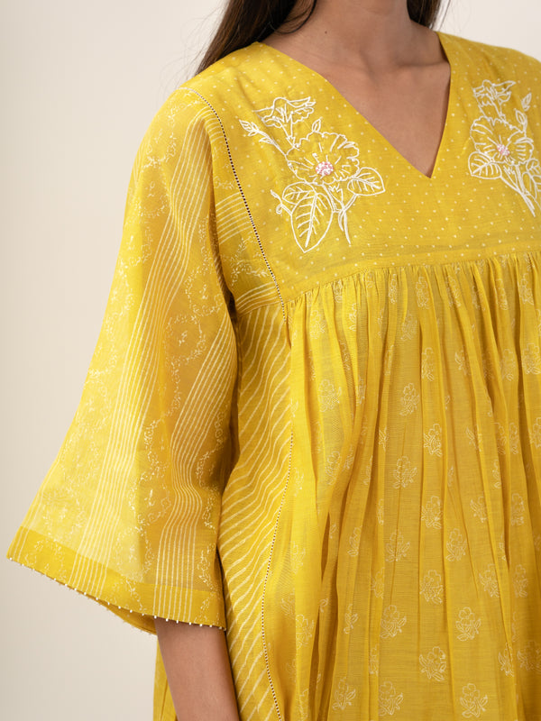Chanderi V Neck Straight Kurta - Yellow