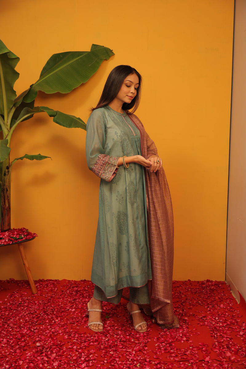 Chanderi Kurta With Embroidery Work - Teal